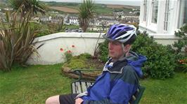 Michael enjoying great views across Perranporth Beach from the front garden of Chy an Kerensa Guest House, Perranporth